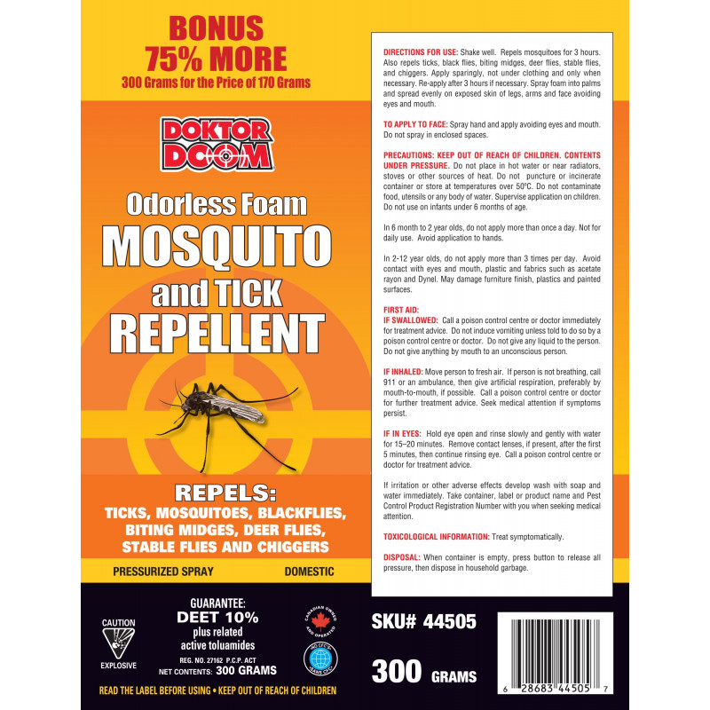Doktor Doom Odorless Foam 10 Deet Mosquito & Tick Repellent 300 Grams